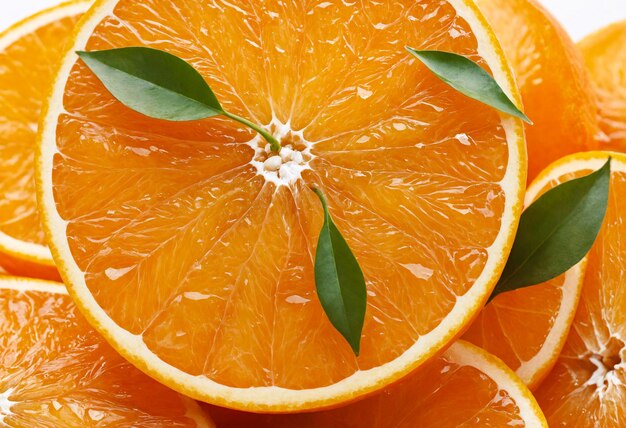 Fresh orange slice with leaves on white background