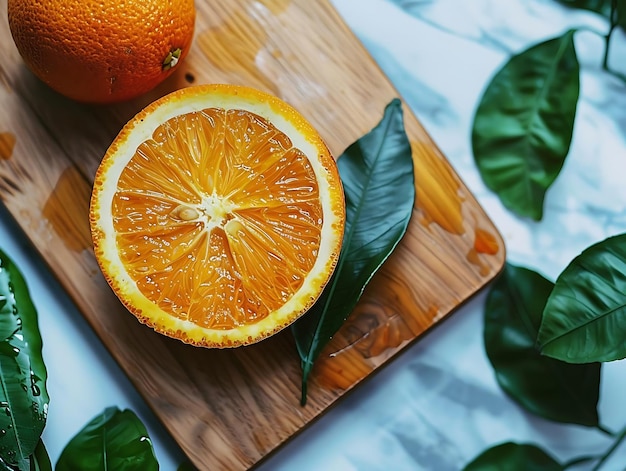 Fresh Orange Slice on Wooden Cutting Board with Green Leaves Food Photography