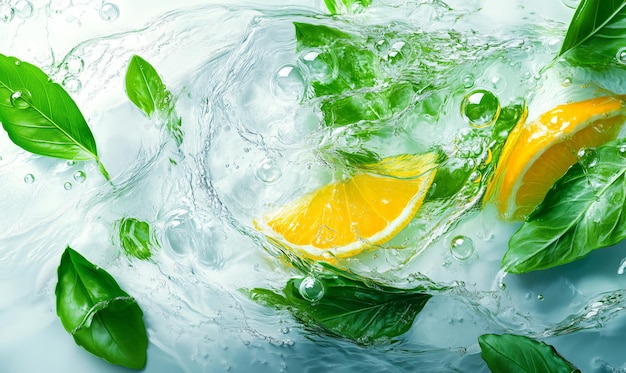 Photo fresh orange slices and basil leaves splash into a pool of water creating a vibrant refreshing scene