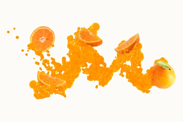 Fresh orange with orange juice splashing  on white background