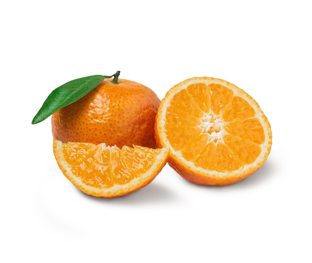 Fresh orange with orange slices and leaves isolated on white background. Orange with clipping path.