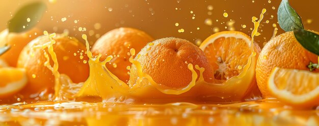 Fresh oranges splashing in vibrant orange juice with water droplets