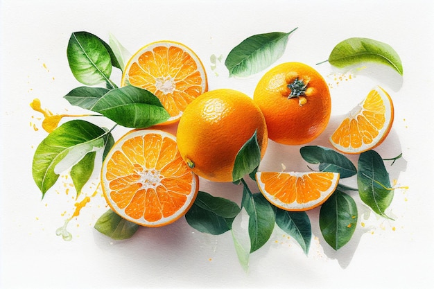 Fresh oranges Watercolor citrus botanical AI generative illustration