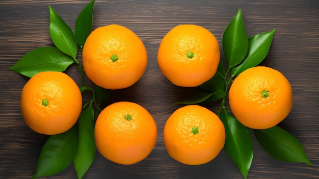 Fresh Oranges with Green Leaves on Wooden Background Still Life Photography