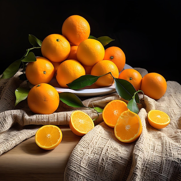 Fresh oranges with leaves on a wooden table