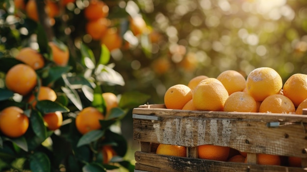 Fresh oranges in wooden crate with orange plantation Ai generate