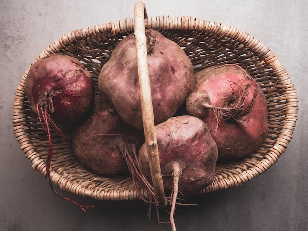 Fresh organic beetroot in a wicker basket