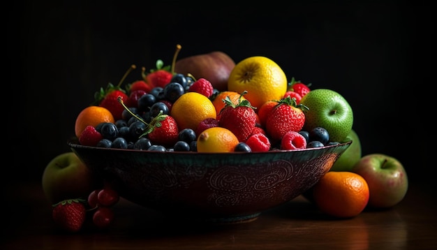 Fresh organic berries on rustic wooden table generative AI