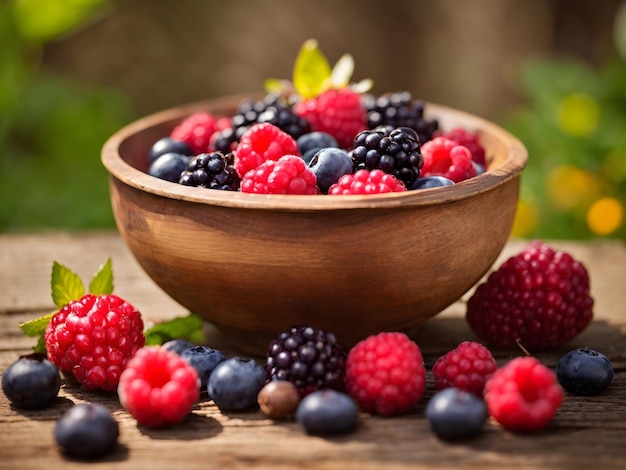 Fresh Organic Berry Fruit Bowl on Rustic Wood Table Outdoors