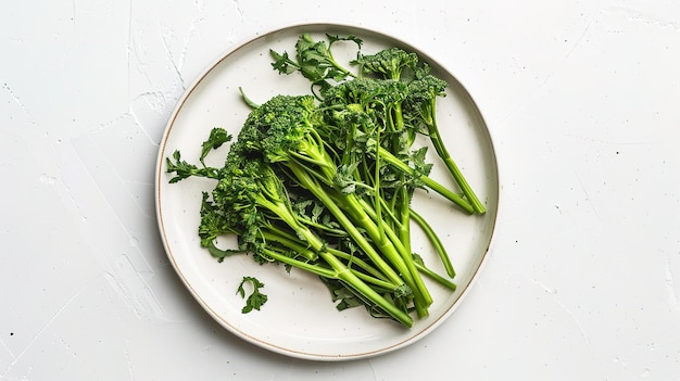 Fresh organic broccolini on a white plate healthy eating concept