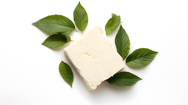 Fresh organic cassava slice with leaves on white background