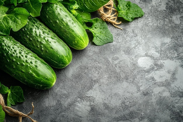 Photo of fresh organic cucumbers in grey table