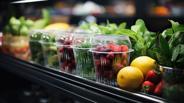 Fresh organic drinks water in the fridge a supermarket