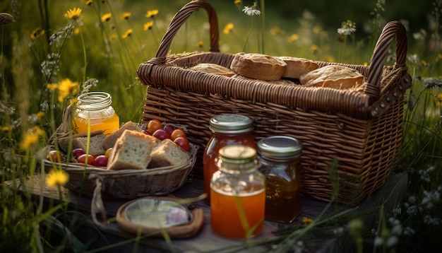 Fresh organic food in rustic wicker basket generated by AI