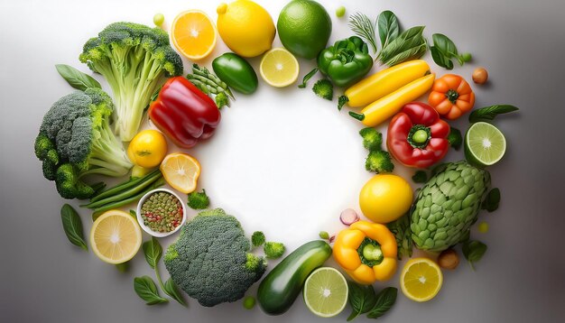 Photo fresh organic frame circular vegan produce layout with center copy space topdown view mockup featuring fresh vegetables and fruits graphic art illustration