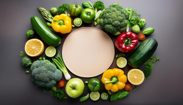 Photo fresh organic frame circular vegan produce layout with center copy space topdown view mockup featuring fresh vegetables and fruits graphic artwork illustration