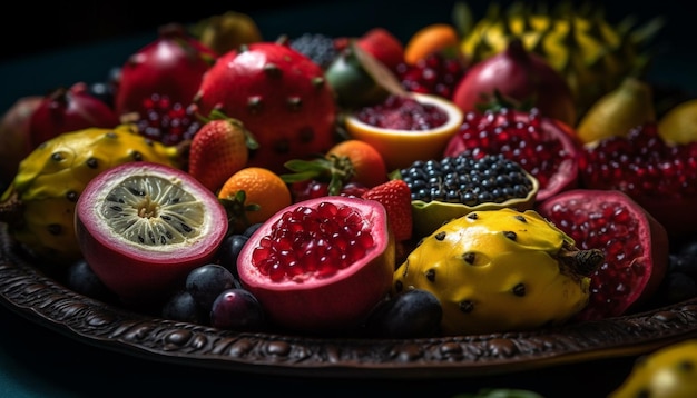 Fresh organic fruit bowl passion fruit papaya strawberry generated by artificial intelligence