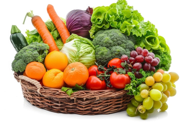 Fresh organic fruits and vegetables in wicker basket