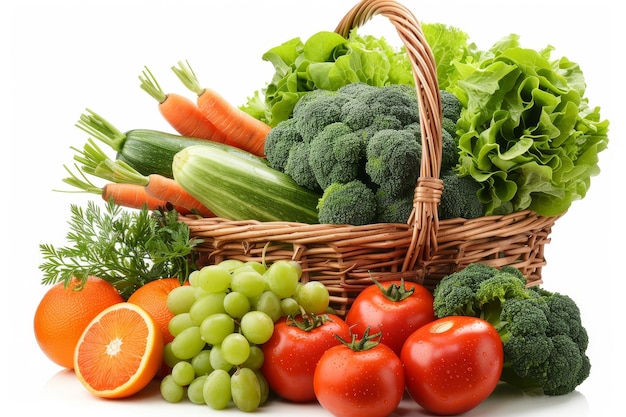 Fresh organic fruits and vegetables in wicker basket