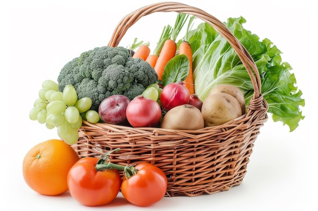 Fresh organic fruits and vegetables in wicker basket