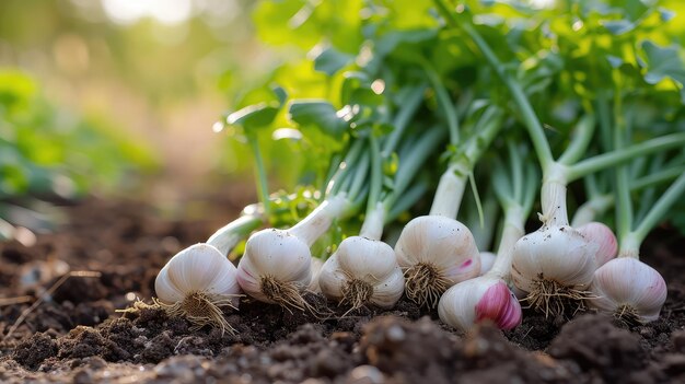 Fresh Organic Garlic Growing in Rich Soil Capturing the Essence of Sustainable Farming