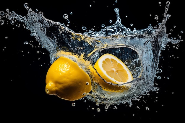 Fresh organic halved lemon splashing into water