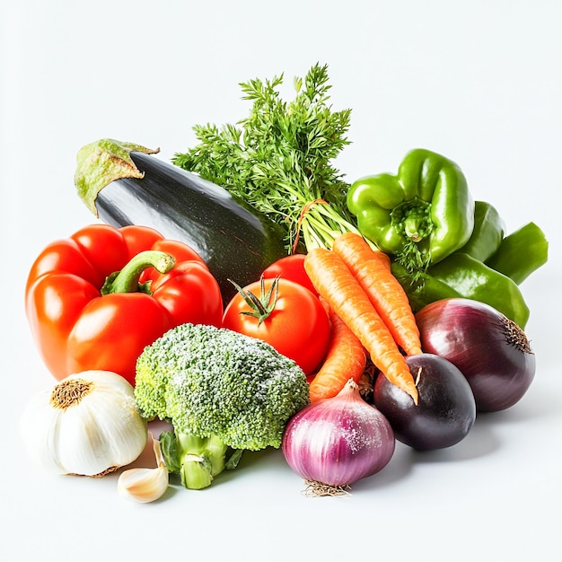 Fresh Organic Healthy green Vegetables Tomato Broccoli Carrot Capsicum and more White Background