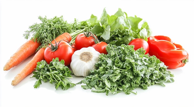 Fresh Organic Healthy green Vegetables Tomato Broccoli Carrot Capsicum and more in White Background