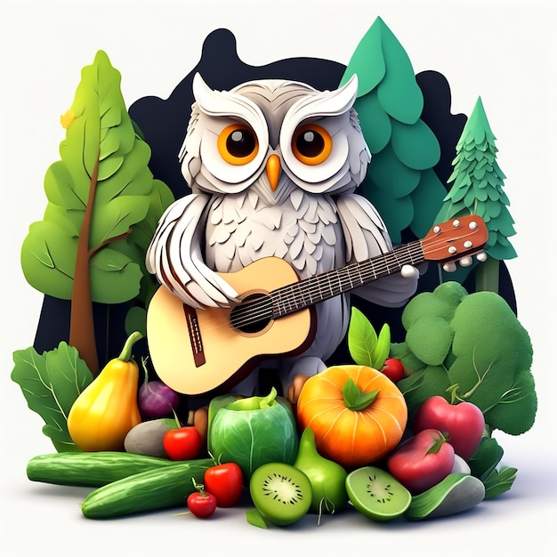 fresh organic healthy vegetables and fruits with a white background owl plays a guitar and sings