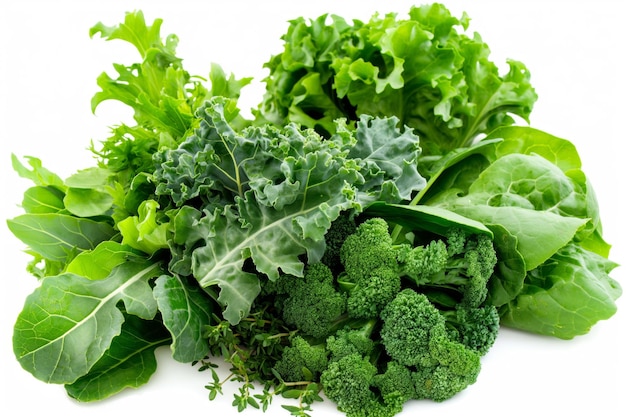 Fresh organic leafy greens assortment including kale spinach broccoli lettuce and arugula perfect for a healthy plantbased diet rich in vitamins minerals and antioxidants