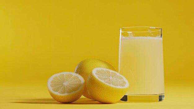 Fresh organic lemon juice in a small glass lemon halves bright kitchen setting