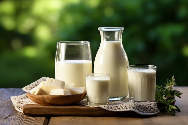 Fresh organic milk and alternative dairy products on rustic table