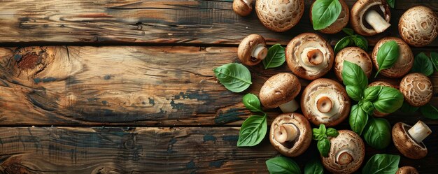 Fresh Organic Mushrooms with Basil Leaves on Rustic Wooden Background