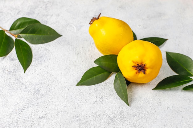 Fresh organic ripe quince fruits,top view