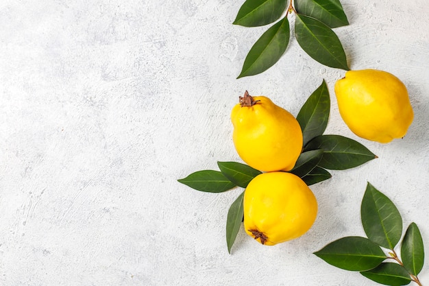 Fresh organic ripe quince fruits,top view