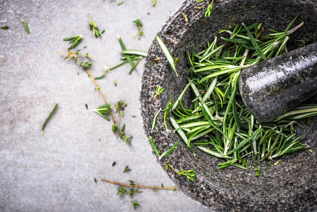 Fresh organic rosemary in concrete pestle or mortar