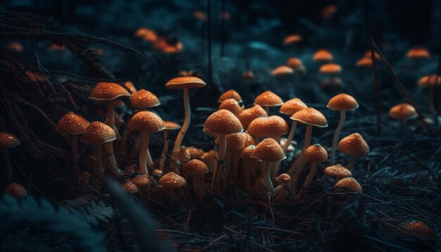 Fresh organic toadstools thrive in uncultivated forest growth generated by AI