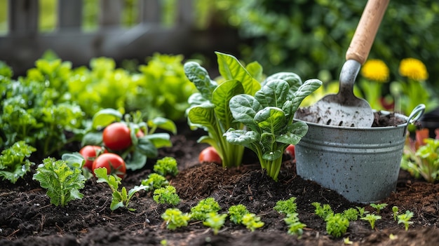 Photo fresh organic vegetable garden with gardening tools and lush green plants in a vibrant outdoor setting