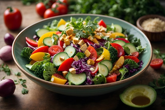 Fresh organic vegetable salad with multi colored ingredients