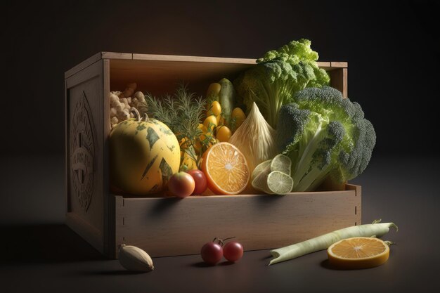 Fresh organic vegetables from garden in old rustic wooden box healthy food concept AI Generation