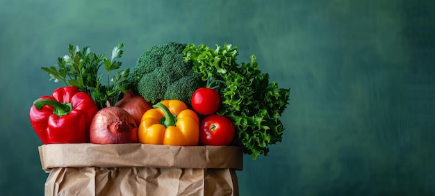 Fresh organic vegetables and fruits in a recycled paper shopping bag on the green background with