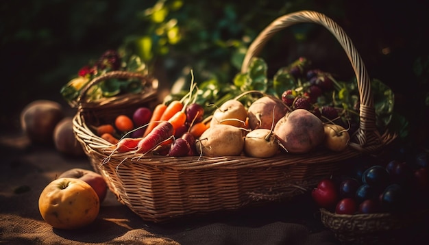 Fresh organic vegetables and fruits on wicker table generated by AI