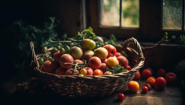 Fresh organic vegetables in rustic wooden basket generated by AI