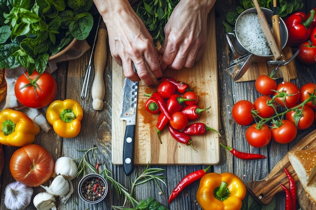 Fresh Organic Vegetables on Rustic Wooden Table with Hands Preparing Food in a Kitchen Scene