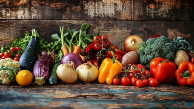 Fresh organic vegetables in season on rustic farm table