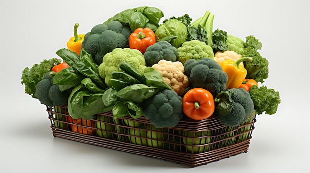 Fresh organic vegetables in a shopping cart on a white background