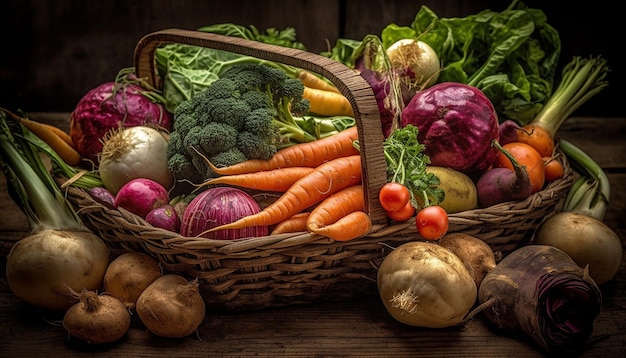 Fresh organic vegetables in wicker basket arrangement generated by AI