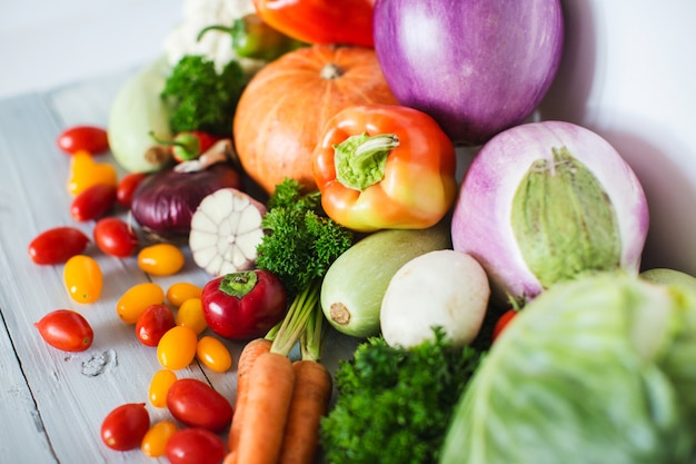 Fresh organic vegetables on wooden. Healthy food.