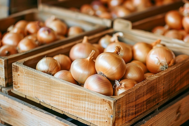 Fresh Organic Yellow Onions in Wooden Baskets at a Farmers Market Healthy Eating and Agriculture