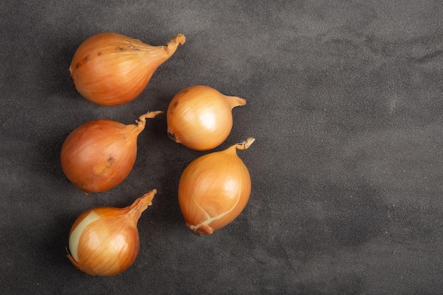 Fresh organis onions on grey concrete background Vegetables Healthy food concept